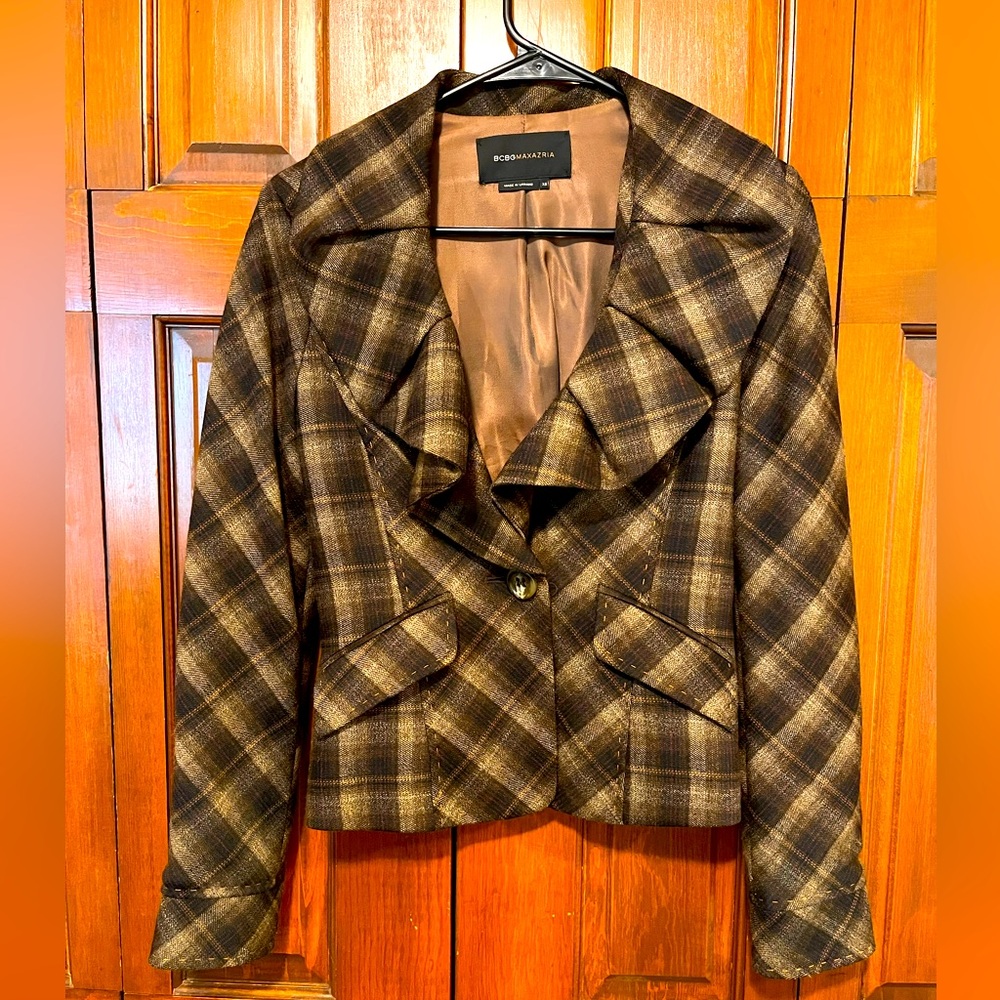 BCBGMAXAZRIA Vintage Fitted Brown Plaid Ruffled Collar Wool Blend Blazer Sz XS